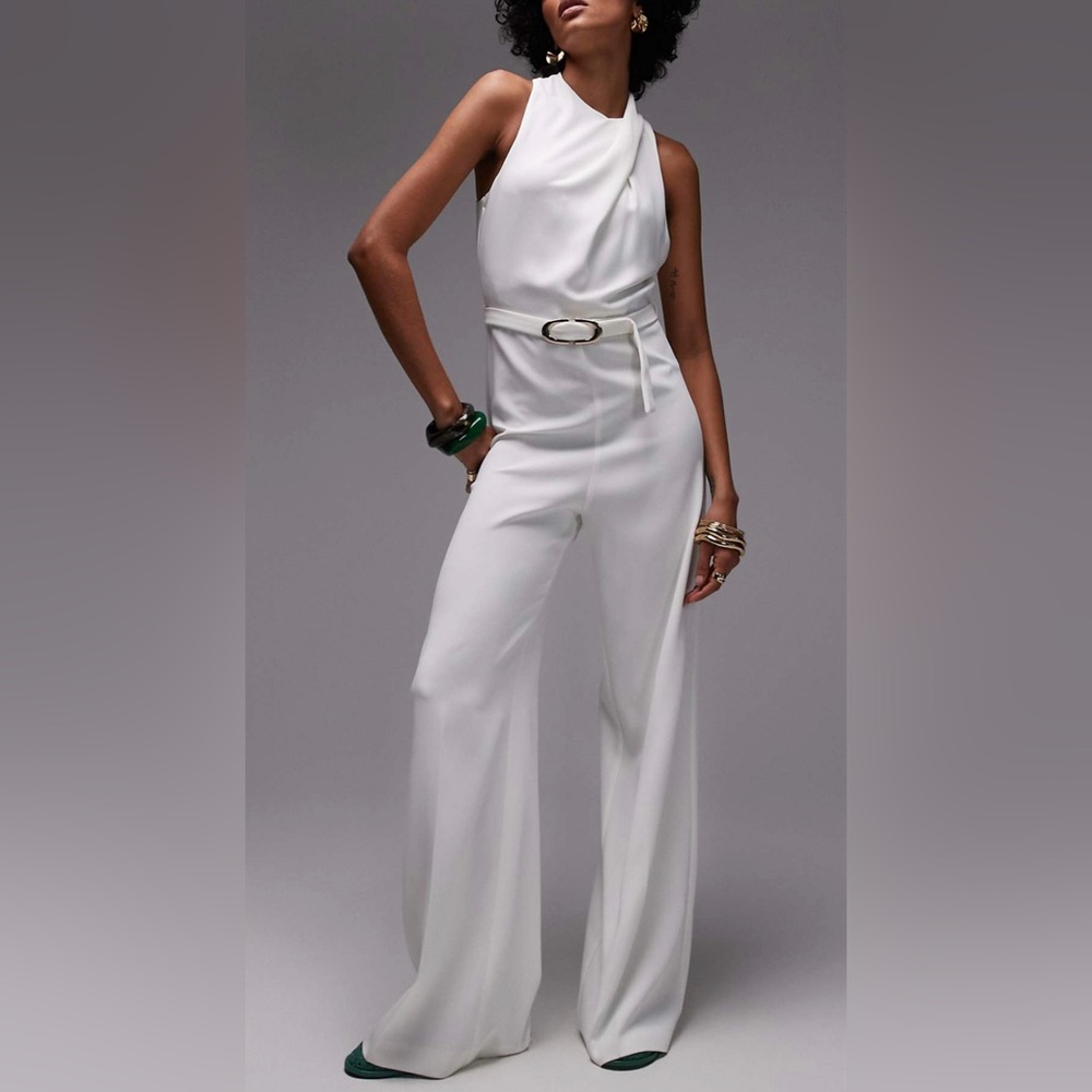 Mango high neck draped jumpsuit with gold belt in off white